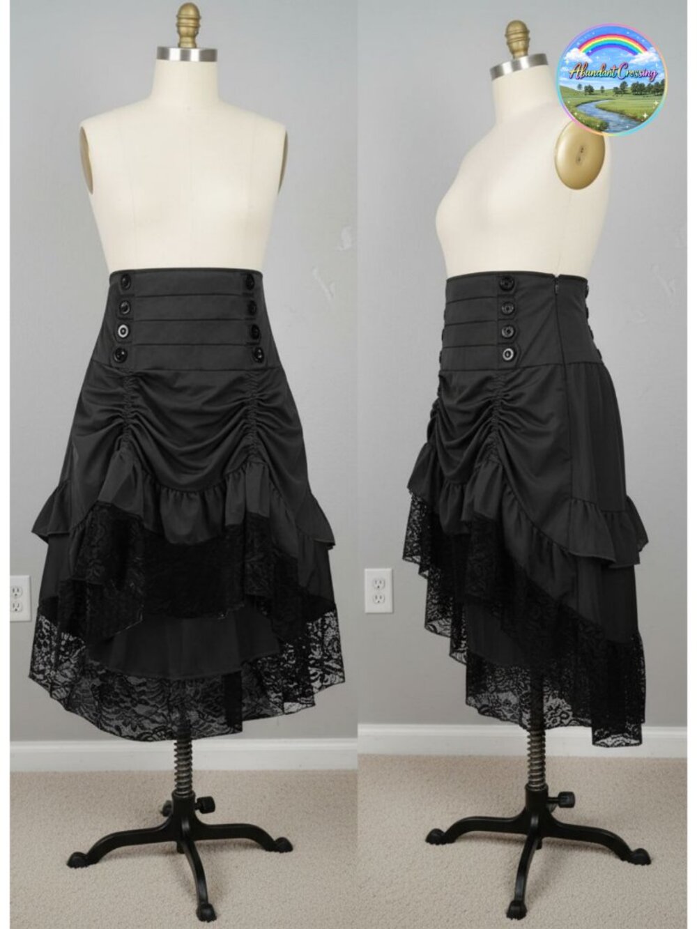 Gothic Steampunk High Low Skirt with Lace Trim